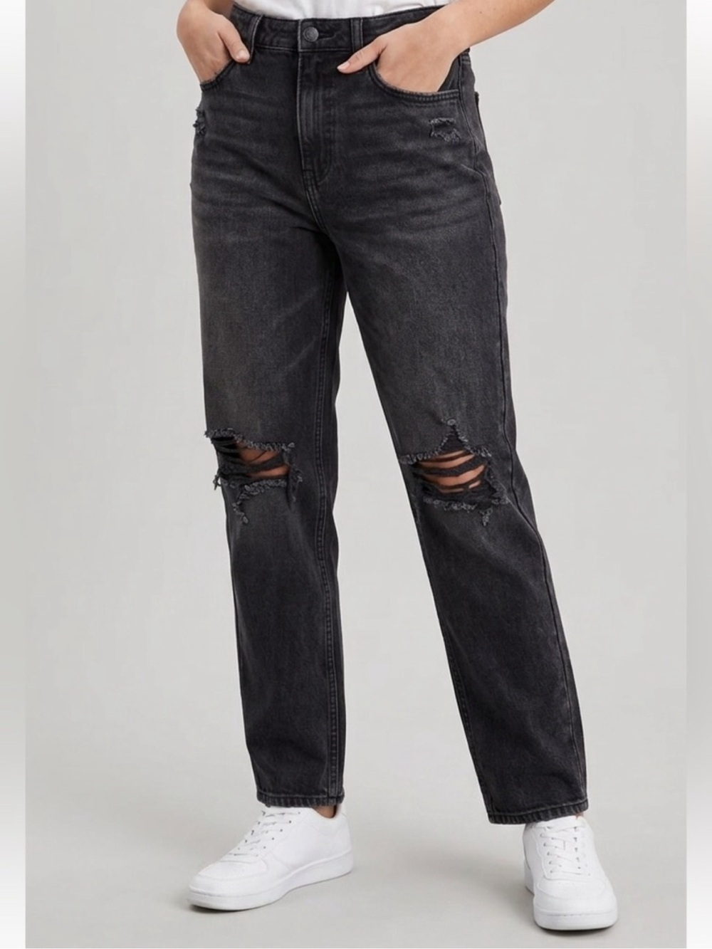 American Eagle AE Mom Straight Jean Dark Gray Distressed Holes High Rise Relaxed
